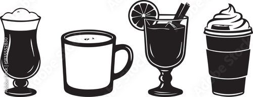 Collection of four hand drawn coffee and beverage drinks in silhouette