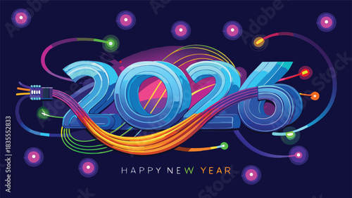 Happy New Year 2026 made of intertwined fiber-optic cables emitting soft colorful light pulses, dark background