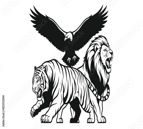 Black and white vector illustration featuring a majestic flying eagle, a fierce stalking tiger, and a roaring lion standing proudly. Symbolizes power, freedom, and wild animal kingdom strength.