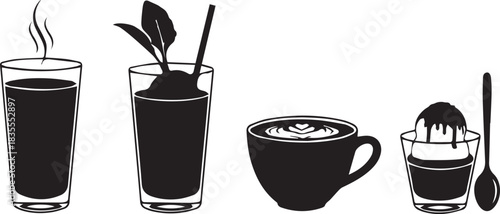 Silhouette collection of various hot and cold beverages in glasses and cups