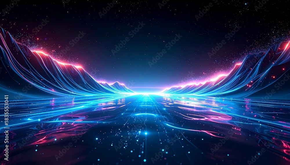 Obraz premium Abstract Digital Landscape with Glowing Neon Waves and Futuristic Highway