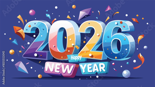 A confetti explosion frozen mid-air forming the words "Happy New Year 2026" metallic and matte textures, colorful party lighting