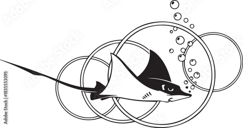 Stylized illustration of a ray swimming through bubbles and circles