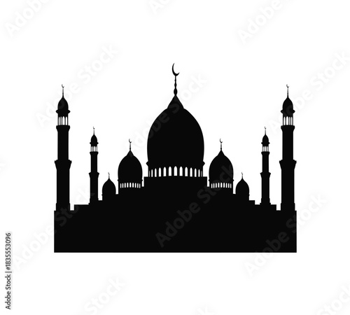 A striking black silhouette of a mosque, featuring prominent domes and towering minarets topped with crescent moons, symbolizing islamic worship and culture.