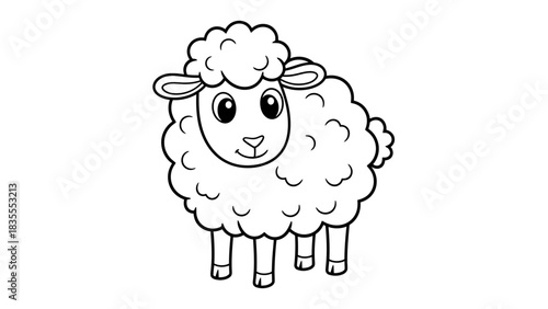 Cute Cartoon Sheep with Fluffy Wool Line Art Illustration