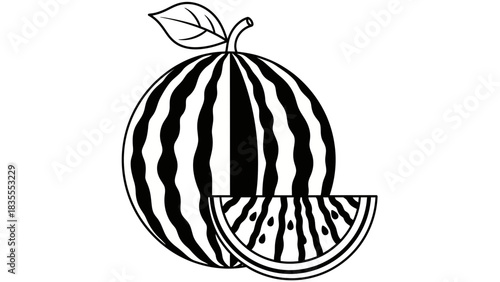 Whole and Sliced Watermelon Icon in Black and White Line Art