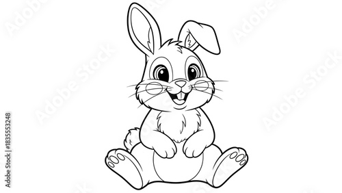 Cute Cartoon Bunny Sitting and Smiling Line Art Illustration