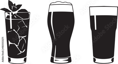 Three different drinks in glasses including a cocktail and two beers