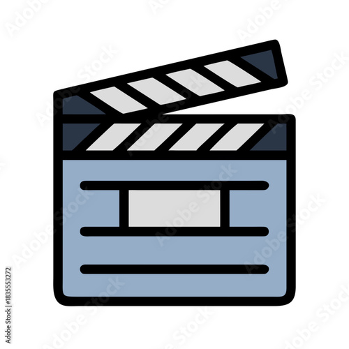 Stylized icon of an open movie clapper board on a black background