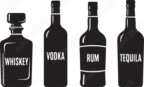 Four black silhouette bottles of whiskey vodka rum and tequila
