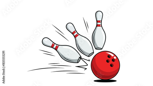 Red Bowling Ball Hitting Pins Cartoon Style Illustration