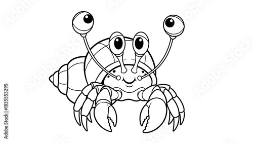 Cute Cartoon Hermit Crab with Big Eyes Line Art Illustration
