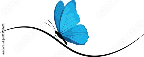 Beautiful Blue Butterfly Perched on a Curving Wavy Black Line Vector Illustration, Abstract Minimalist Design Element for Nature Spring Concept