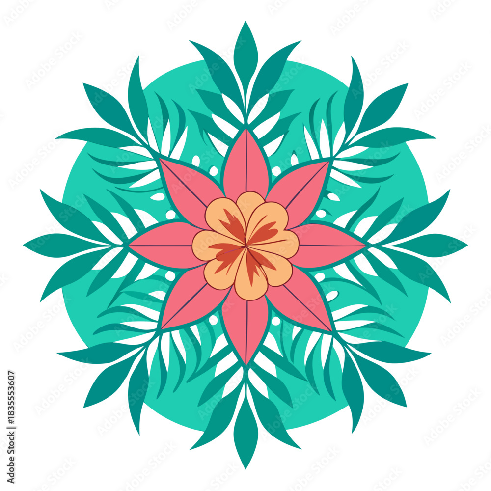 Fototapeta premium Colorful floral mandala design with teal leafy accents