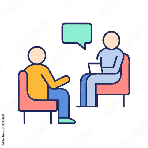 Conversation and counseling: Two figures in discussion with a speech bubble above