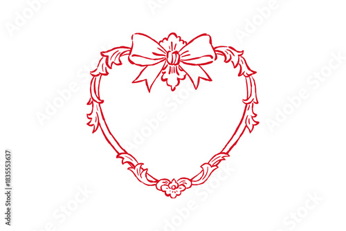 Vintage red heart shaped frame with elegant bow and foliage detail, isolated on transparent background