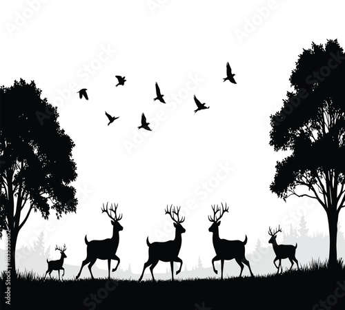 A serene silhouette illustration depicting a family of wild deer, including a fawn, walking through a forest landscape under flying birds. Ideal for nature themes and design projects.