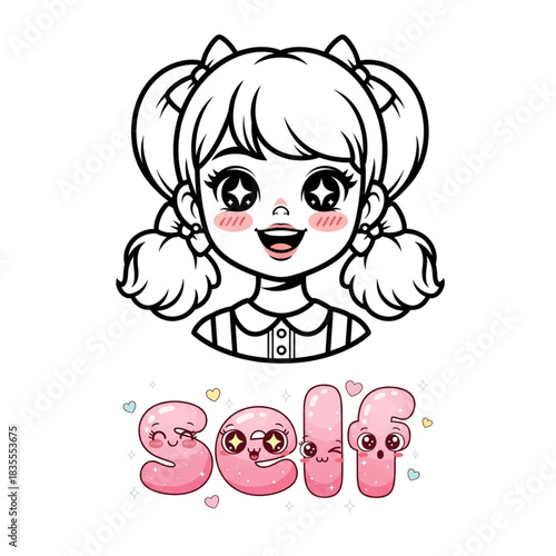 Expressive cartoon girl with cute bubble letters spelling self, perfect for social media, children's content, and kawaii designs for a fun, youthful audience