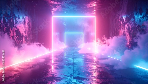 Fototapeta Naklejka Na Ścianę i Meble -  Futuristic 3D Rendered Abstract Background of a Neon Light Tunnel with Smoky Fog and Vibrant Reflections