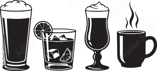 Collection of four different types of beverages in silhouette