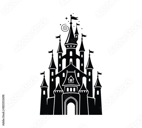 Black silhouette of a magical fairy tale castle featuring towering turrets, flags, sparkling stars, and a whimsical swirl. Ideal for fantasy themes, dreams, and iconic branding vector.