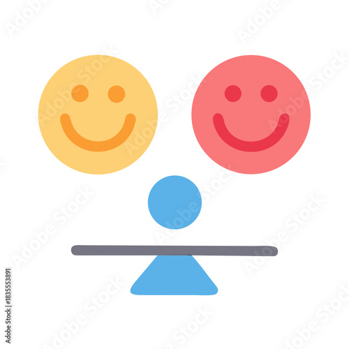 Balancing happiness: scales with smiley face icons, representing emotions and equilibrium