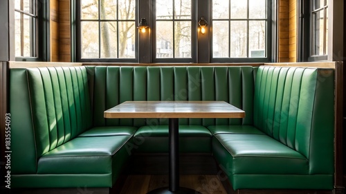 Empty green leather booth and wooden table inside a restaurant