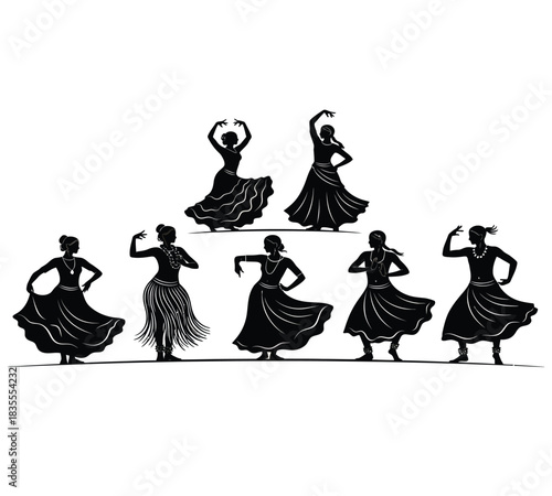 A collection of seven elegant silhouettes depicting women performing traditional Indian classical dances. Captures the grace and cultural heritage of India, perfect for cultural designs.