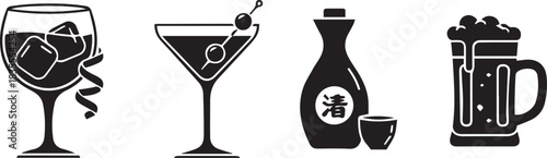Collection of four distinct beverage icons including cocktails and sake