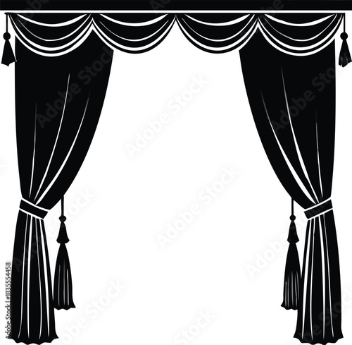 Elegant Black Curtains Graphic: Sophisticated Interior Decor Element for Theater, Home, and Stage Design, Creating Privacy and Ambiance
