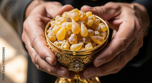 Priest hands holding golden chalice filled with yellow frankincense resin tears close up