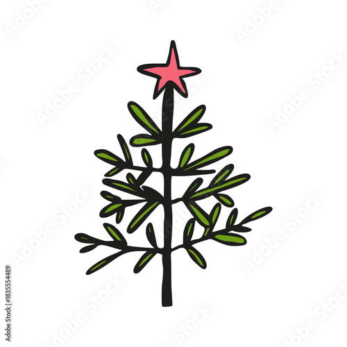 Simple ugly minimalistic Christmas tree illustration with sparse green branches and red star on top. Perfect for holiday cards, stickers, gift tags, winter decor, festive posts.