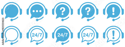 Support Icons, vector icon set featuring 24/7 support symbols, phone call icons, question mark help signs, customer service elements, support settings, communication tools, modern assistance graphics,