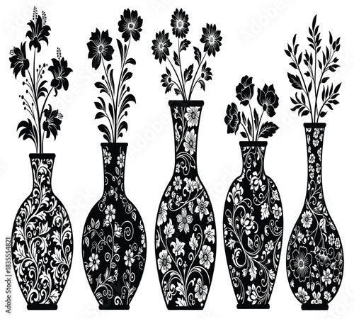 A striking collection of five black and white decorative vases, each adorned with unique, detailed floral patterns and botanical arrangements, ideal for elegant design projects.