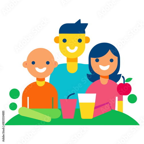 Happy family enjoying healthy food and drinks