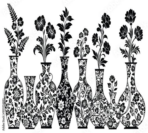 Decorative monochrome vases with detailed blooming plant art