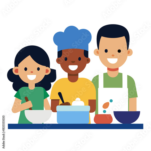 Diverse group of children happily cooking together in a kitchen
