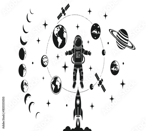 Astronaut in outer space, surrounded by planets, moon phases, satellites, and a rocket. This vector illustration symbolizes cosmic exploration, science, and discovery.