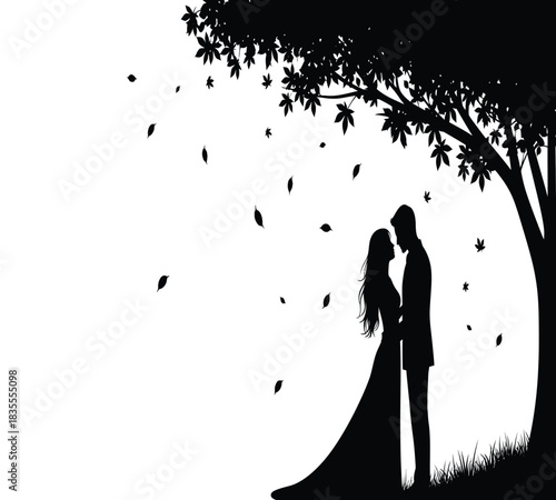 Black silhouette illustration of a loving couple embracing under a tree with autumn leaves falling around them. Ideal for romance, wedding, or nature themes. Vector artwork.