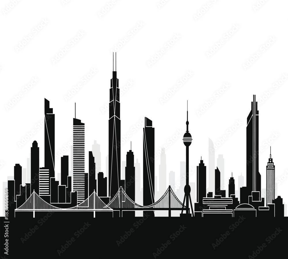 Obraz premium A striking vector illustration of the Shanghai cityscape, showcasing famous landmarks like the Oriental Pearl Tower, modern skyscrapers, and bridges. Ideal for urban design, travel, or business visual