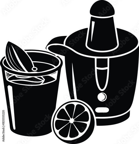 Black Juicer with Glass of Fresh Juice & Orange Fruit Vector Illustration Appliance for Healthy Nutrition Lifestyle on Transparent