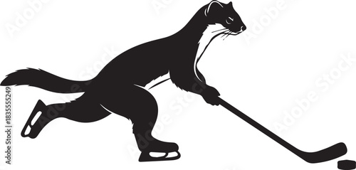 Silhouette of a weasel playing ice hockey with a stick and puck