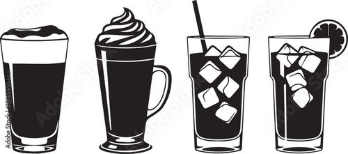 Collection of hand drawn coffee drinks and iced beverages
