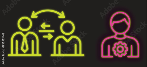 Neon Business Partnership & Manager Icons — Team Collaboration, Communication, Leadership Vector on Dark Background