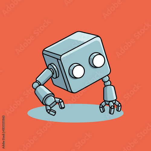 Cute cartoon robot with a square body and circular eyes leaning forward on an orange background.