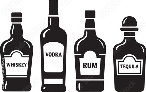 Four silhouetted bottles of liquor including whiskey vodka rum and tequila