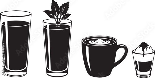 Collection of black and white beverage illustrations on a white background