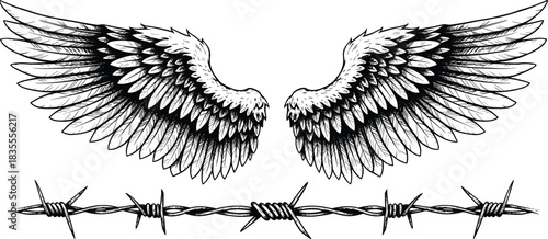 Angel Wings and Barbed Wire Detailed Vector Engraving Illustration, Feathered Freedom and Entrapment Contrast Drawing, Vintage Tattoo Art Design Element