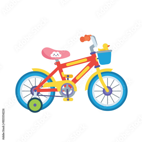 Colorful Childrens Bicycle with Training Wheels and Duck.