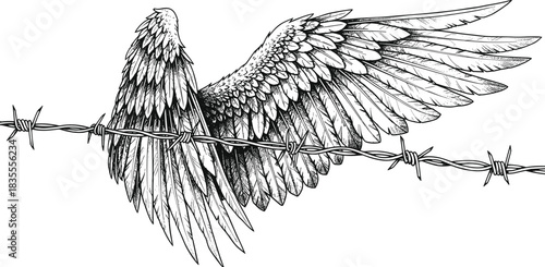 Angel Wings entangled in Barbed Wire, symbolizing freedom restricted, struggle, confinement, pain, rebellion, and a beautiful yet tragic contrast, black and white sketch art.
